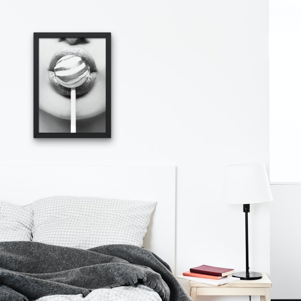 Black and White Pop Art Lips Lollipop Wall Art DIGITAL PRINT, Designer wall art, B&W Fashion Poster, Glam Print, Modern Wall Art, Scandi