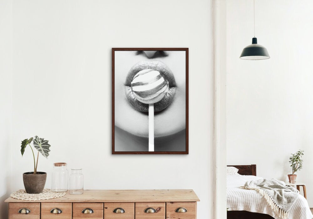 Black and White Pop Art Lips Lollipop Wall Art DIGITAL PRINT, Designer wall art, B&W Fashion Poster, Glam Print, Modern Wall Art, Scandi
