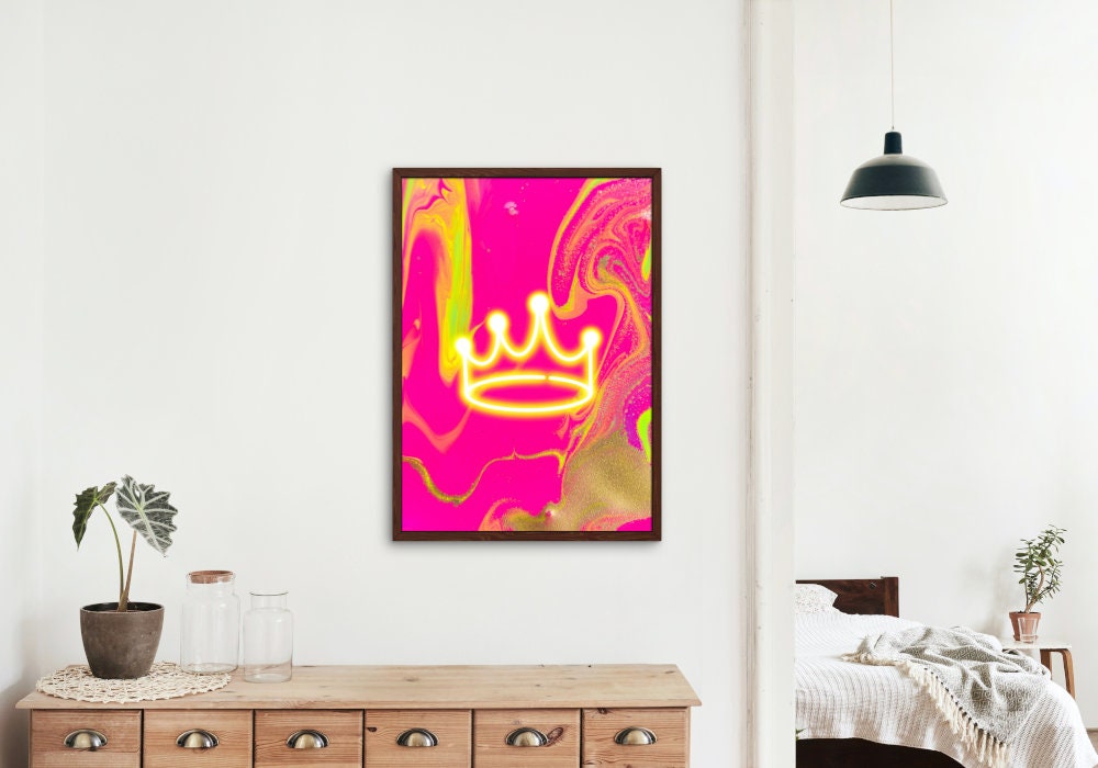 Queen King Neon Prints Set of 2 DIGITAL DOWNLOAD, Bright Colorful Prints, Neon Lights, Couple wall art, Abstract neon art, Hot pink posters