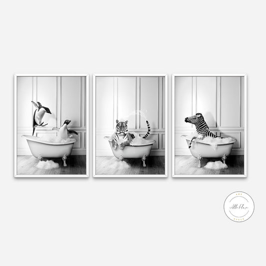 Set of 3 Black and White Animals in Bathtub set of 3 DIGITAL ART PRINTS, black & white glam decor, safari animal decor, penguin tiger zebra art | Posters, Prints, & Visual Artwork | Adorable penguins, animal in bath tub, art for bedroom, art ideas for bedroom walls, art printables, art prints black and white, bathroom wall art printables, bedroom art, bedroom pictures, bedroom wall art, bedroom wall art ideas, bedroom wall painting, black and white, black and white art print, black and white art prints, bla