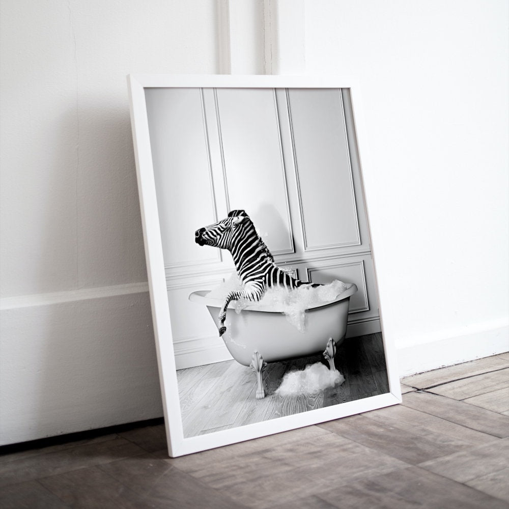 Set of 3 Black and White Animals in Bathtub set of 3 DIGITAL PRINTS, black & white glam decor, safari animal decor, penguin tiger zebra art