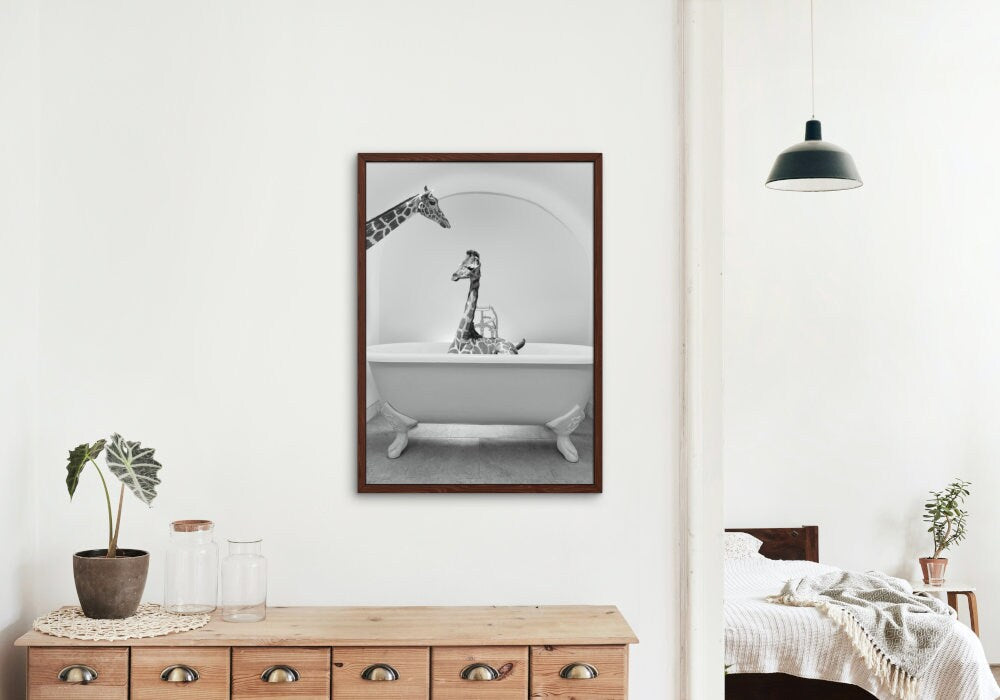 Cute Giraffe in Tub Black and White PRINTABLE Wall Art, Giraffe Photo, Bathroom Art Print, black & white glam decor, safari animal decor