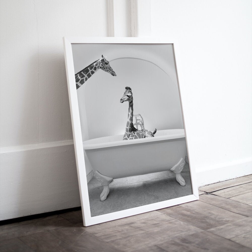 Cute Giraffe in Tub Black and White PRINTABLE Wall Art, Giraffe Photo, Bathroom Art Print, black & white glam decor, safari animal decor