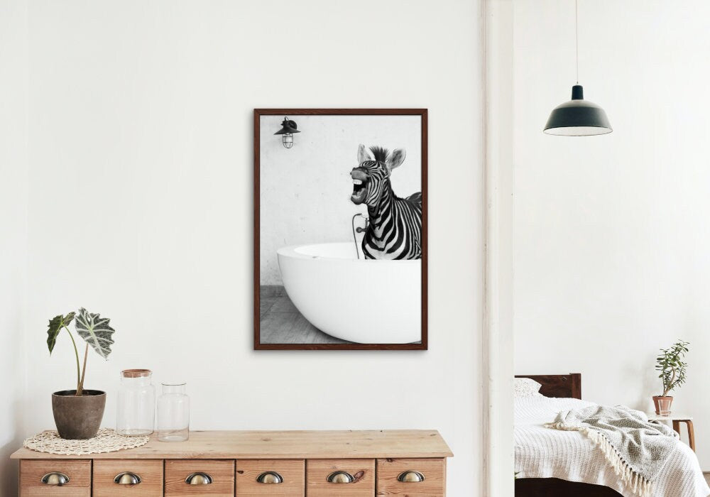 Zebra in Bathtub Black and White DIGITAL PRINT, zebra wall art, Bathroom Art Print, black & white glam decor, safari animal, Funny artwork