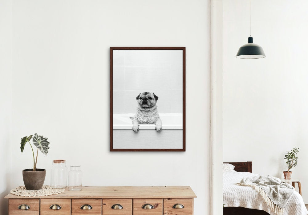 Pug in Bathtub Black and White DIGITAL PRINT, Pets in Bubble Bath, Bathroom Art Print, black & white glam decor, Cat Dog Gift, pug wall art