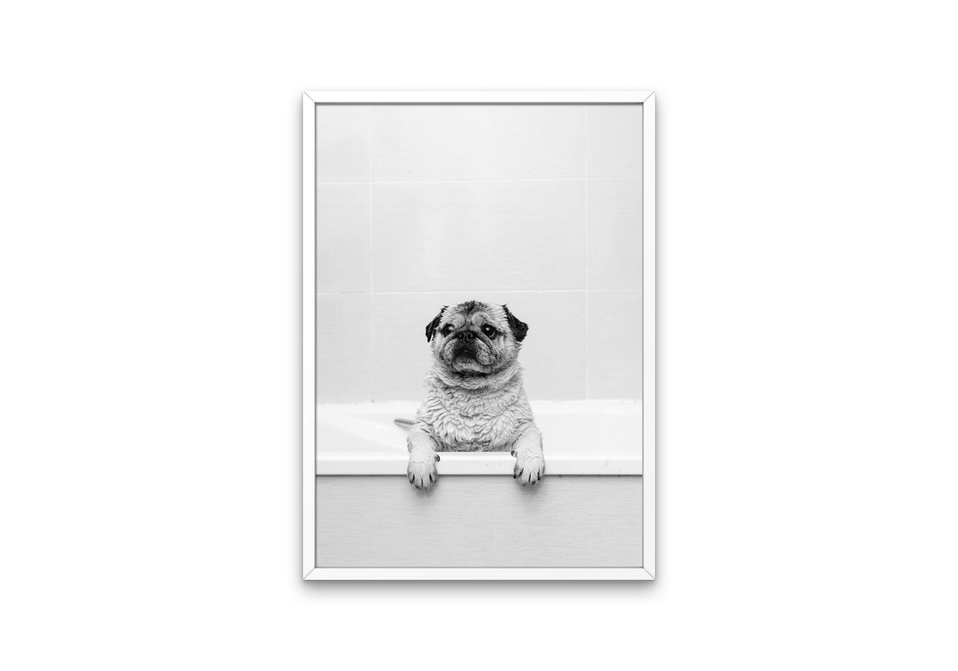 Pug in Bathtub Black and White DIGITAL PRINT, Pets in Bubble Bath, Bathroom Art Print, black & white glam decor, Cat Dog Gift, pug wall art