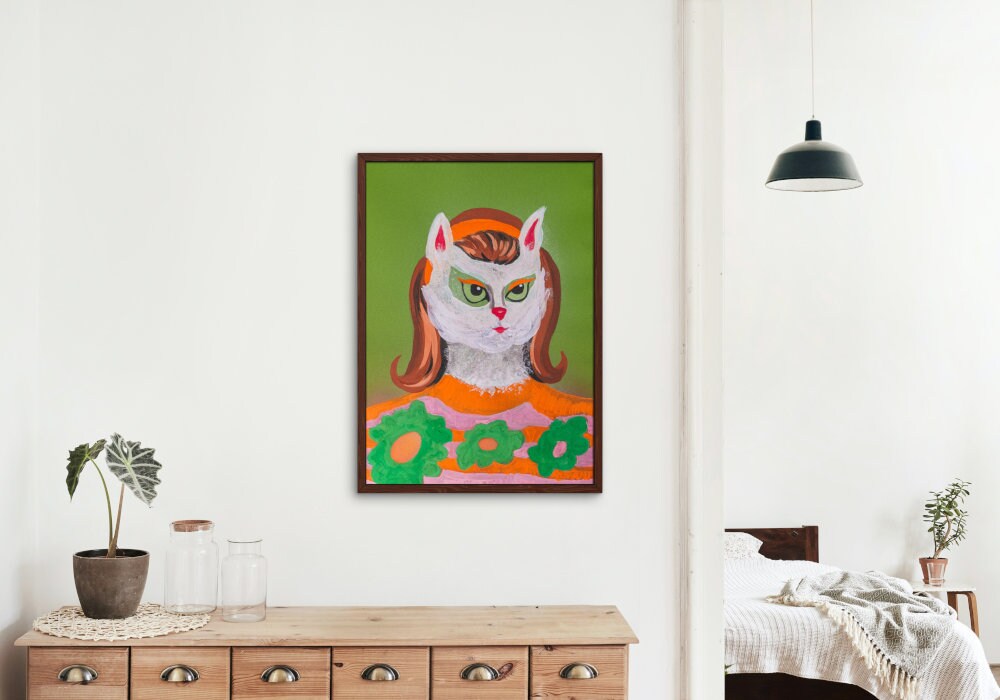 Hippie Cat Wall Print INSTANT DOWNLOAD, Flower power décor, hippie poster, 70s Wall Art, Colorful Art, cat oil painting, funny cat art