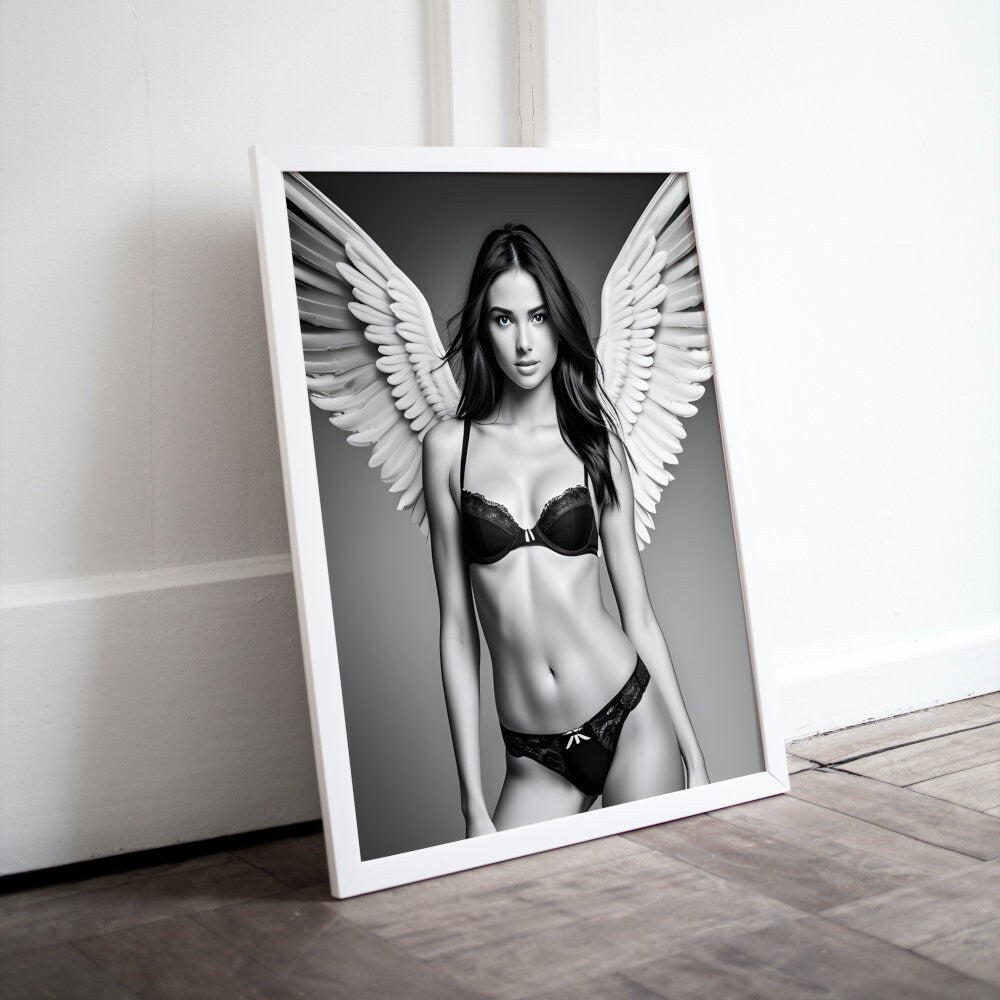 Black and White Angel Picture PRINTABLE, Fashion posters, B&W Fashion Photography, Angel portrait, Bikini poster, Elegant and beautiful