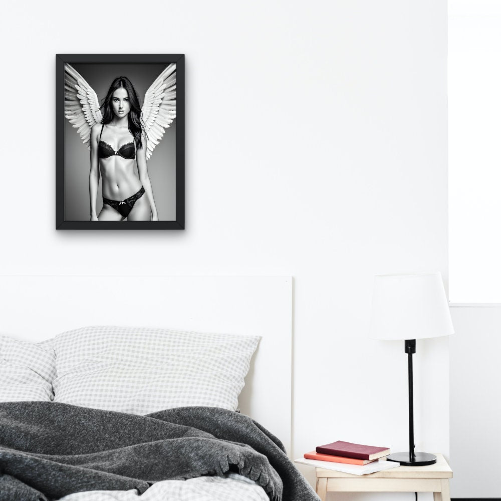 Black and White Angel Picture PRINTABLE, Fashion posters, B&W Fashion Photography, Angel portrait, Bikini poster, Elegant and beautiful