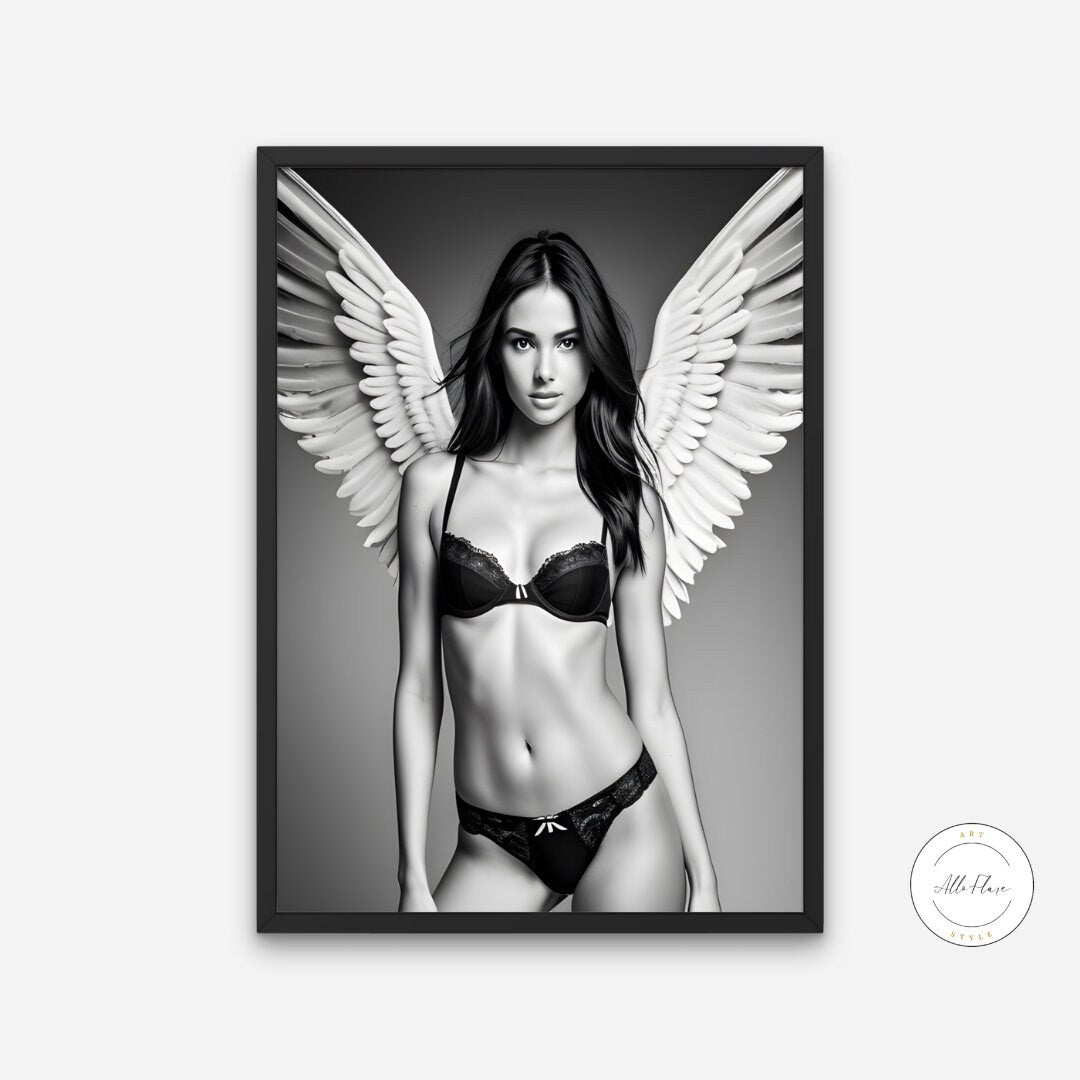 Black and White Angel Picture PRINTABLE, Fashion posters, B&W Fashion Photography, Angel portrait, Bikini poster, Elegant and beautiful