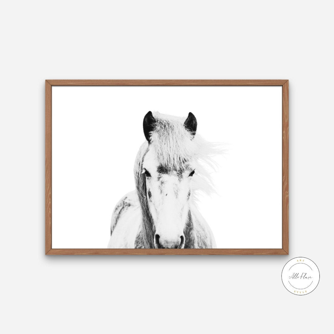 White Horse Picture DIGITAL PRINT, wild horse print, horizontal poster, Country Animal Print, light academia print, Nordic equestrian print