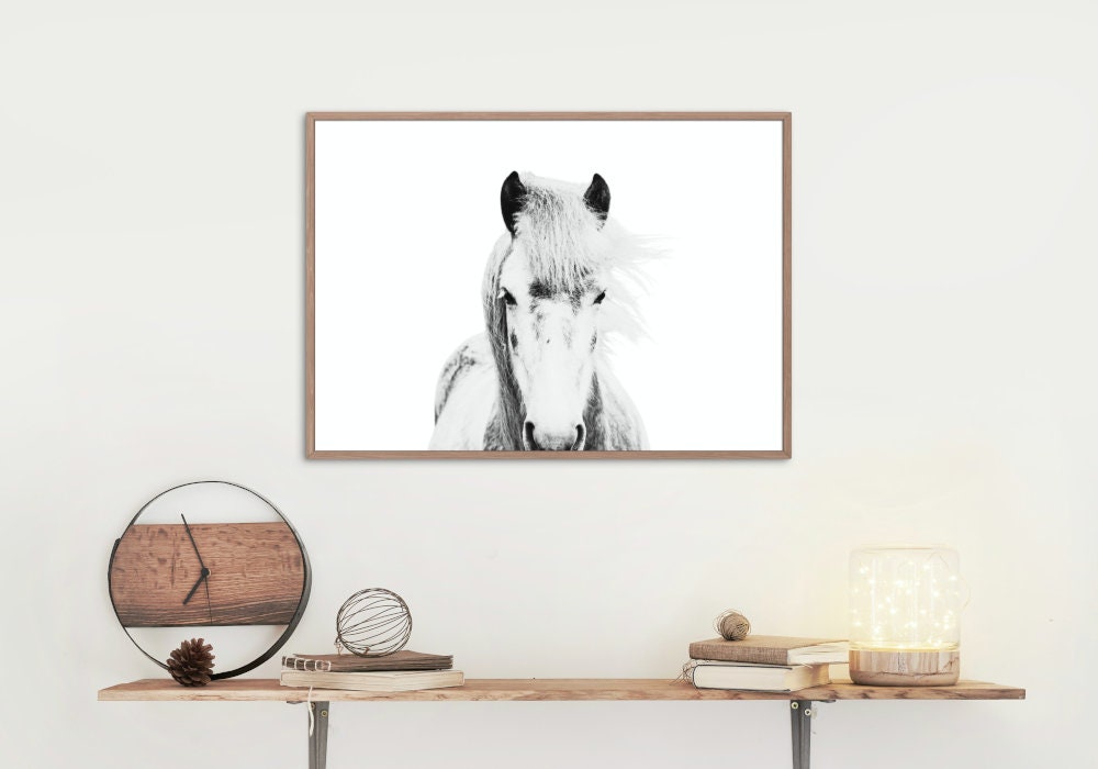 White Horse Picture DIGITAL PRINT, wild horse print, horizontal poster, Country Animal Print, light academia print, Nordic equestrian print