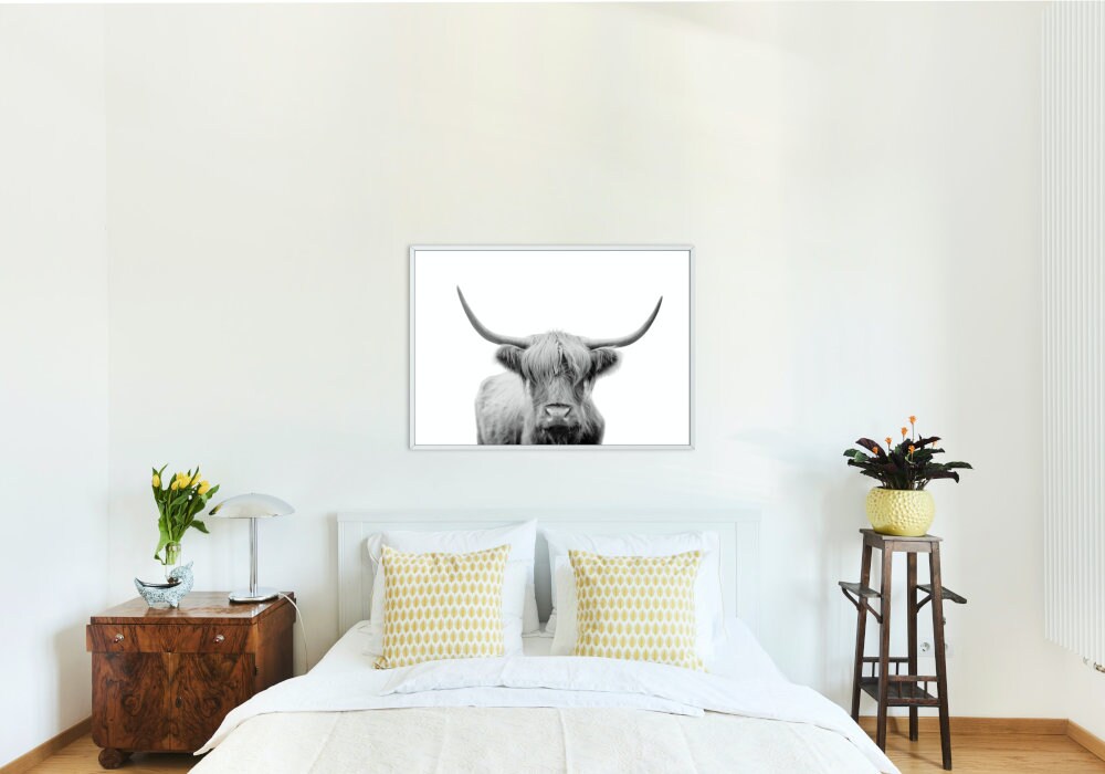 Black and White Cow Picture DIGITAL PRINT, horizontal poster, cow photography, Country Animal Print, longhorn print, Nordic minimalist print