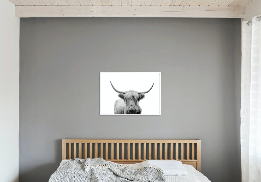 Black and White Cow Picture DIGITAL PRINT, horizontal poster, cow photography, Country Animal Print, longhorn print, Nordic minimalist print