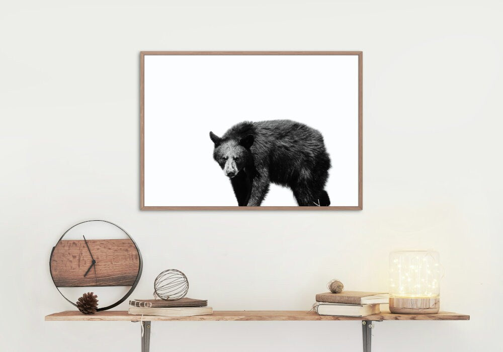 Black and White bear artwork DIGITAL PRINT, horizontal poster, black bear painting, Country Animal Print, Nordic print, forest animal print