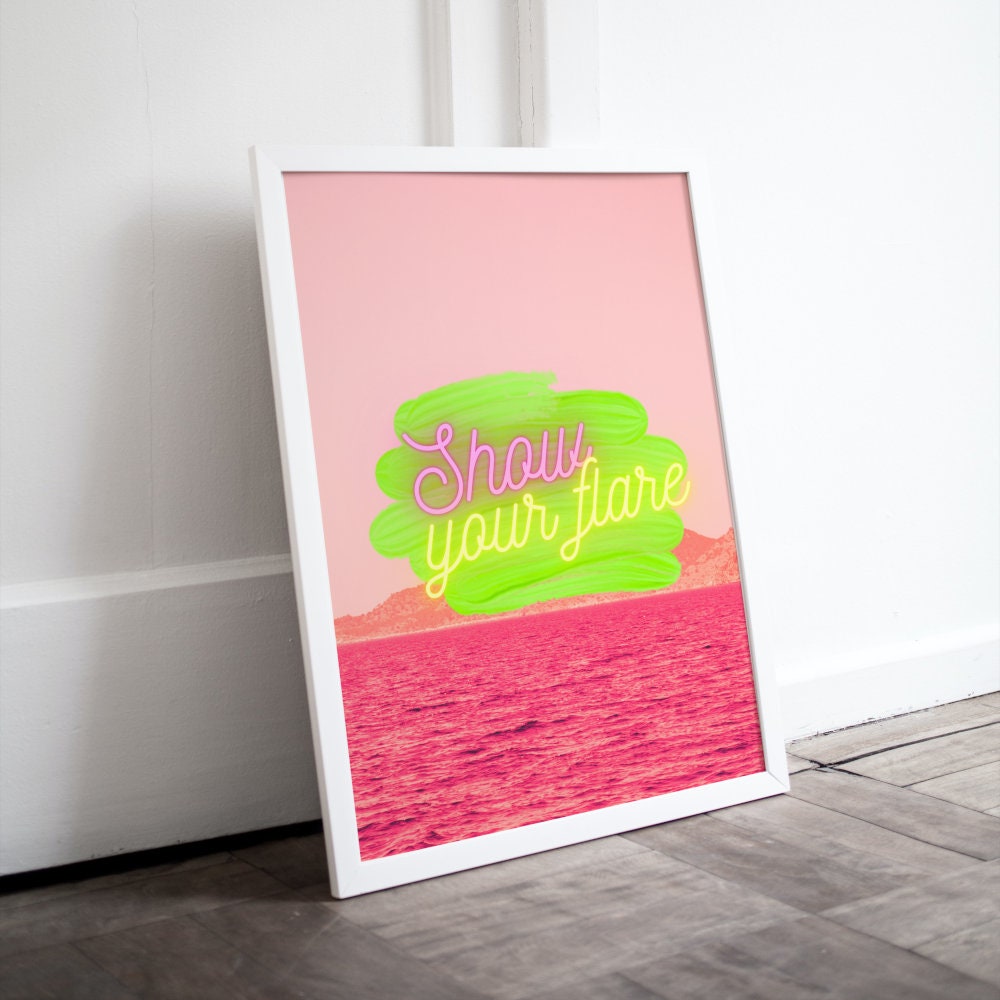 Show Your Flare Neon Set of 4 DIGITAL PRINTS, Tropical Posters, Designer wall, Neon wall art, purple hot pink fashion street art, Hypebeast