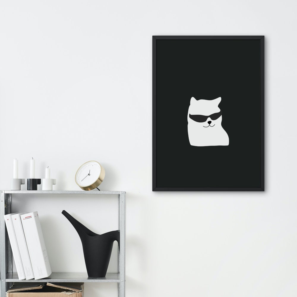 Black & White Cool Cat Artwork INSTANT DOWNLOAD, Musician Gift, funny cat poster, cat themed gifts, cool poster, Rock and roll decor