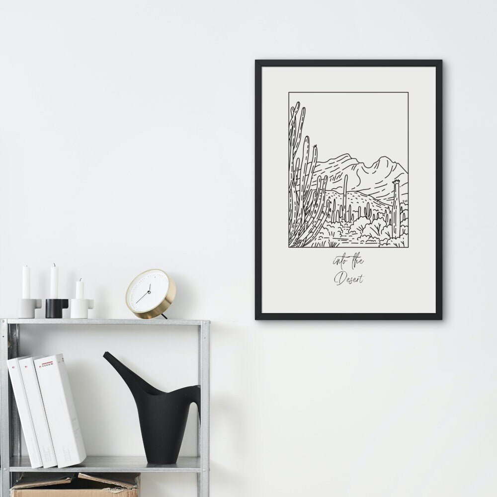 Into the Desert DIGITAL PRINT, Black and White Desert Art, Cactus Wall Art, Landscape Prints Wall Art, American Rustic Country Art, Drawing