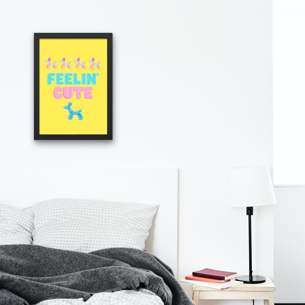 Feelin' Cute Preppy Balloon Dog Poster INSTANT DOWNLOAD, preppy poster print, pink yellow wall art, college dorm poster, y2k, balloon animal