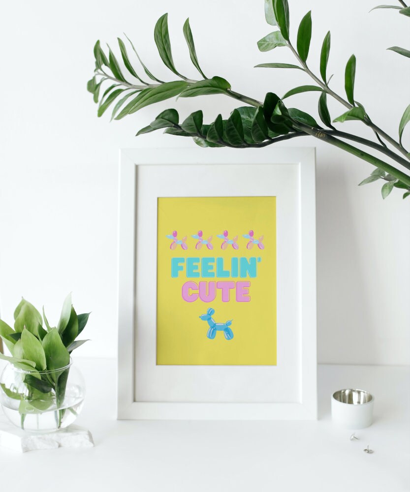 Feelin' Cute Preppy Balloon Dog Poster INSTANT DOWNLOAD, preppy poster print, pink yellow wall art, college dorm poster, y2k, balloon animal
