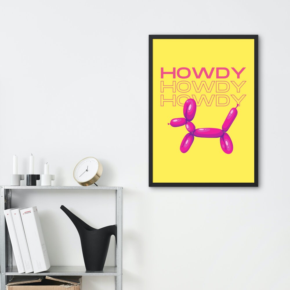 Howdi Preppy Balloon Dog Poster INSTANT DOWNLOAD, preppy poster print, pink yellow wall art, college dorm poster, y2k, balloon animal