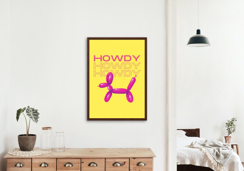 Howdi Preppy Balloon Dog Poster INSTANT DOWNLOAD, preppy poster print, pink yellow wall art, college dorm poster, y2k, balloon animal