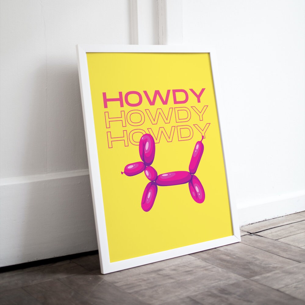 Howdi Preppy Balloon Dog Poster INSTANT DOWNLOAD, preppy poster print, pink yellow wall art, college dorm poster, y2k, balloon animal