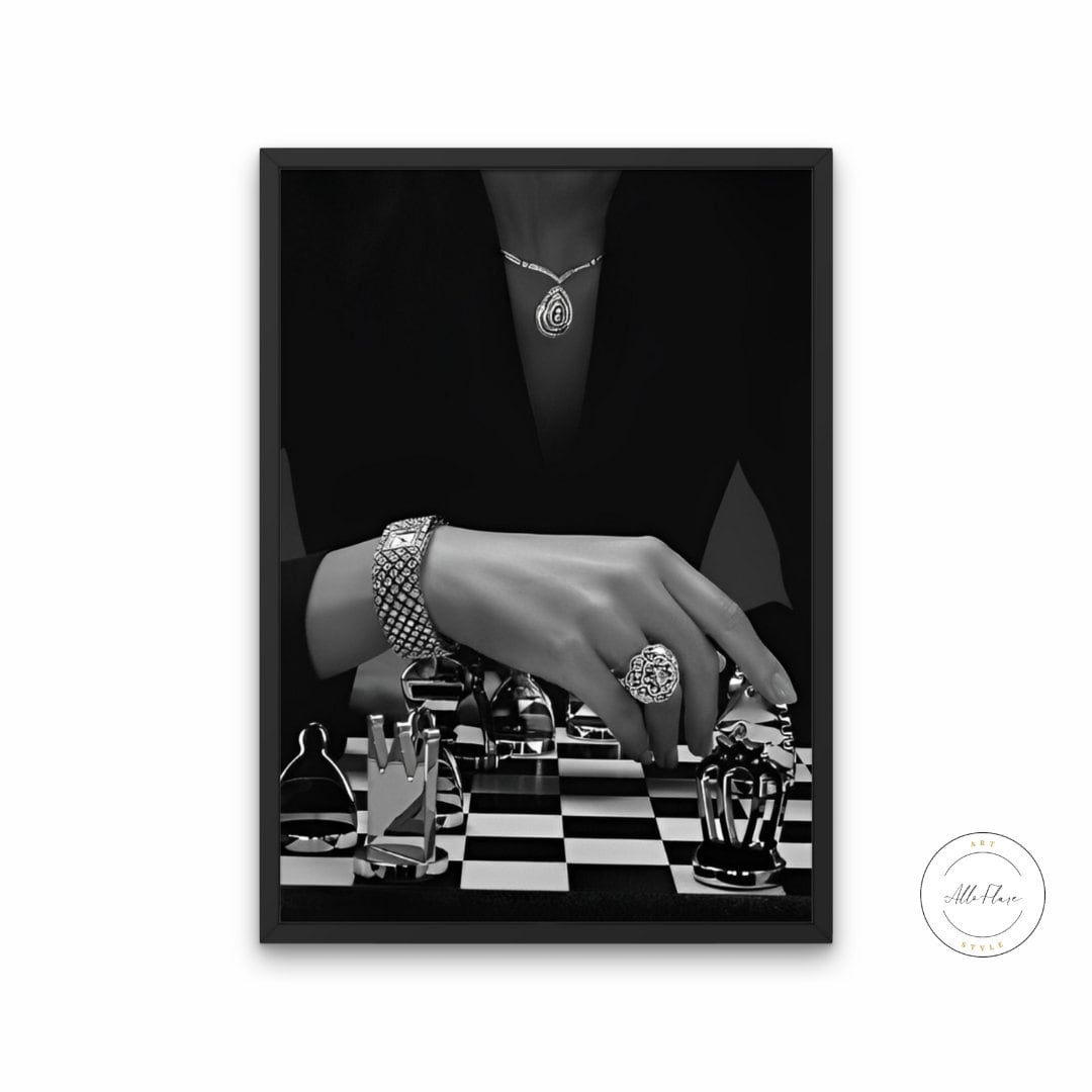 Black & White Luxury Fashion Chess Poster PRINTABLE, Fashion Editorial, Chess Wall Art, Success poster, Luxury Fashion Art, luxury aesthetic