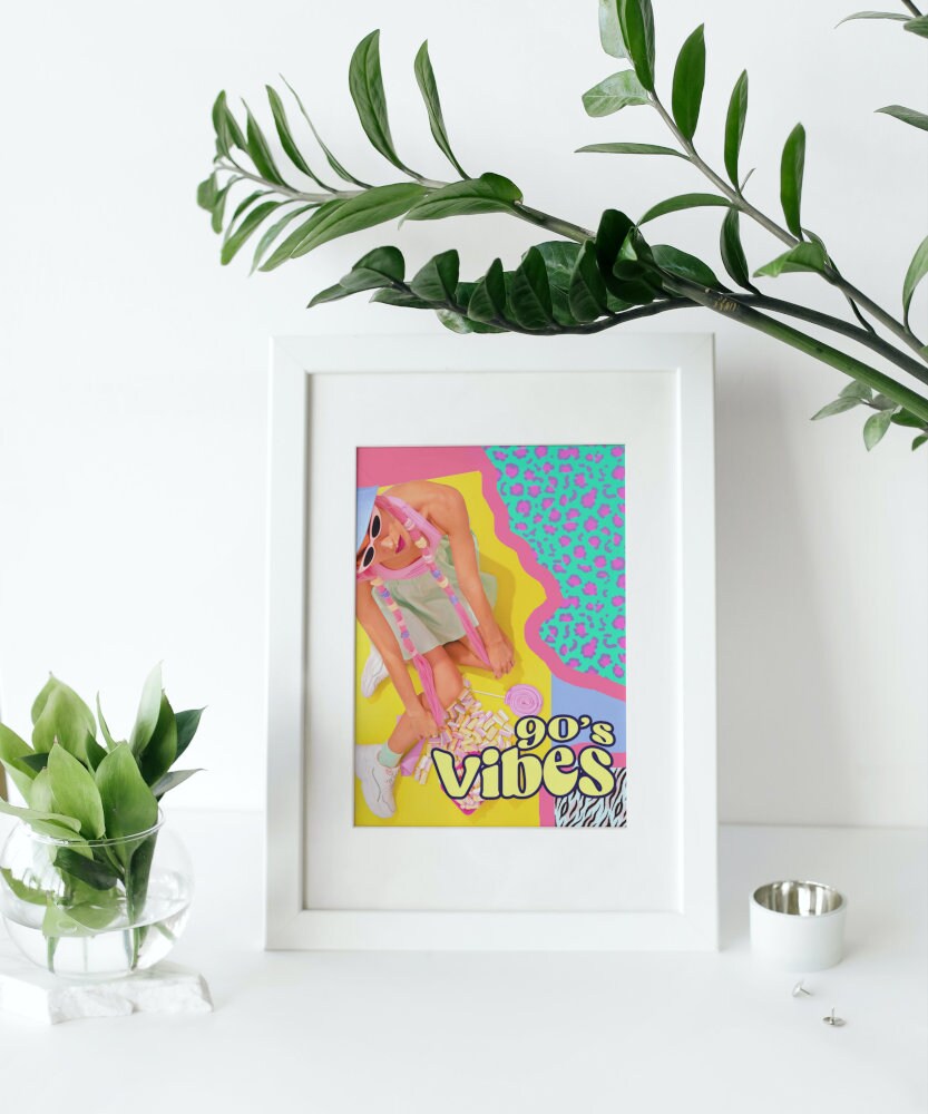 90's Vibes DIGITAL PRINT, Bright Colorful Print, 90s street style, 90s poster, 90s theme, 90s room décor, retro pink poster, 90s party decor