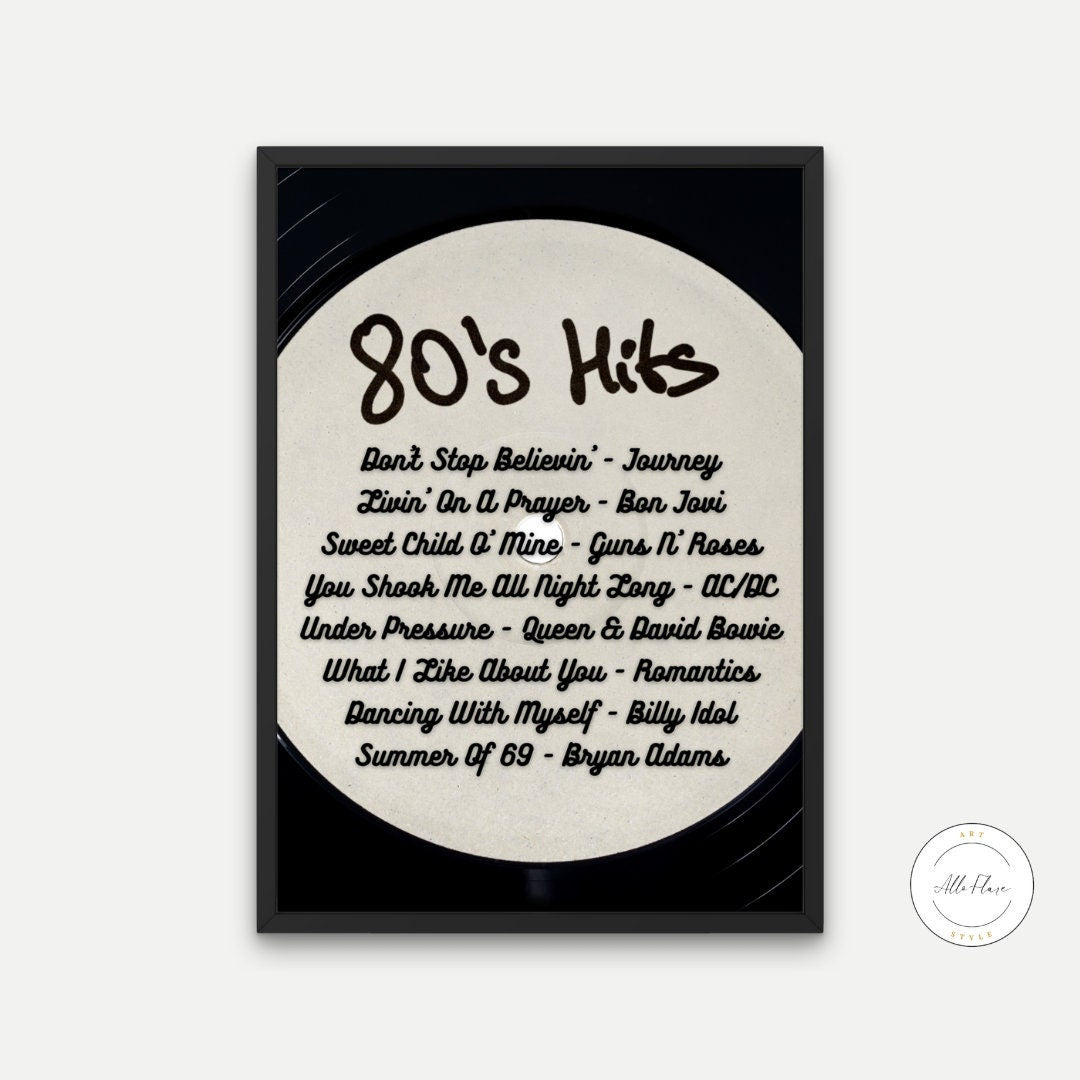 80s Hits black & white poster INSTANT DOWNLOAD, 80's music poster, Rock Music Wall Art, 80s nostalgia, 80s theme part, Decades Party Poster