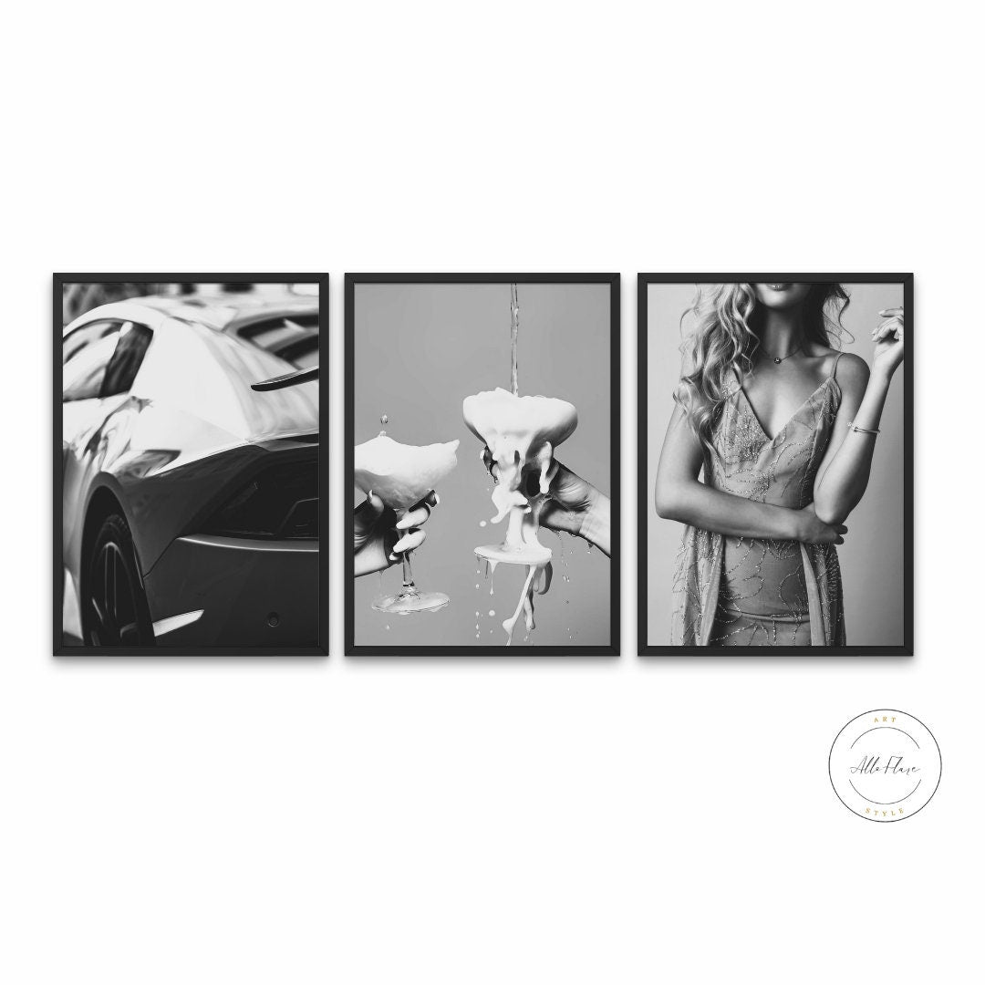 PRINTABLE set of 3 Black and White Fashion Prints, Classy wall art, Silver glam decor, Party wall decor, Glam posters, Bazaar poster, Luxury