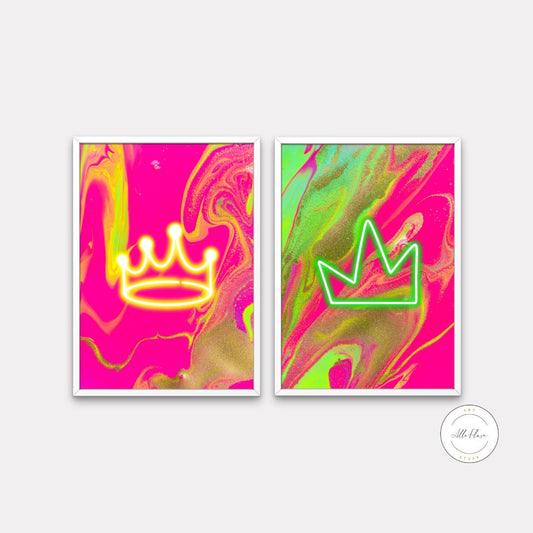 Queen King Neon Prints Set of 2 DIGITAL DOWNLOAD, Bright Colorful Prints, Neon Lights, Couple wall art, Abstract neon art, Hot pink posters
