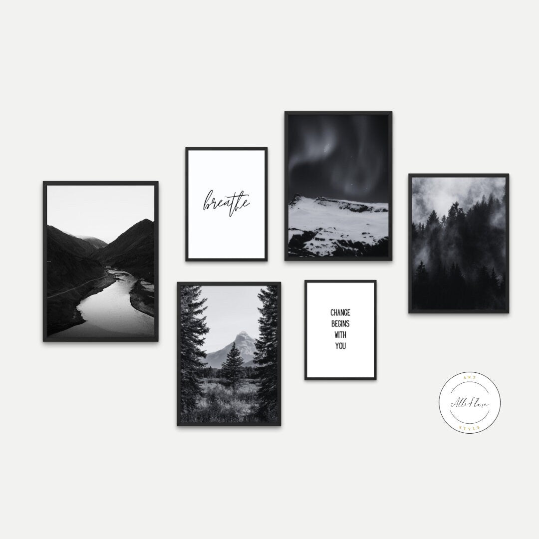 Black and White Smoky Mountain Print set of 6 INSTANT DOWNLOAD, black & white artwork Botanical Minimalistic, country décor, inspirational