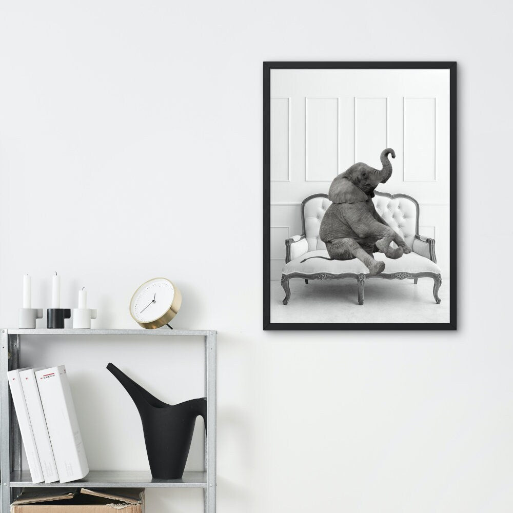 Black and White Elephant on Couch DIGITAL PRINT, black & white decor, safari animal décor, elephant poster, glam wall art, elephant lover