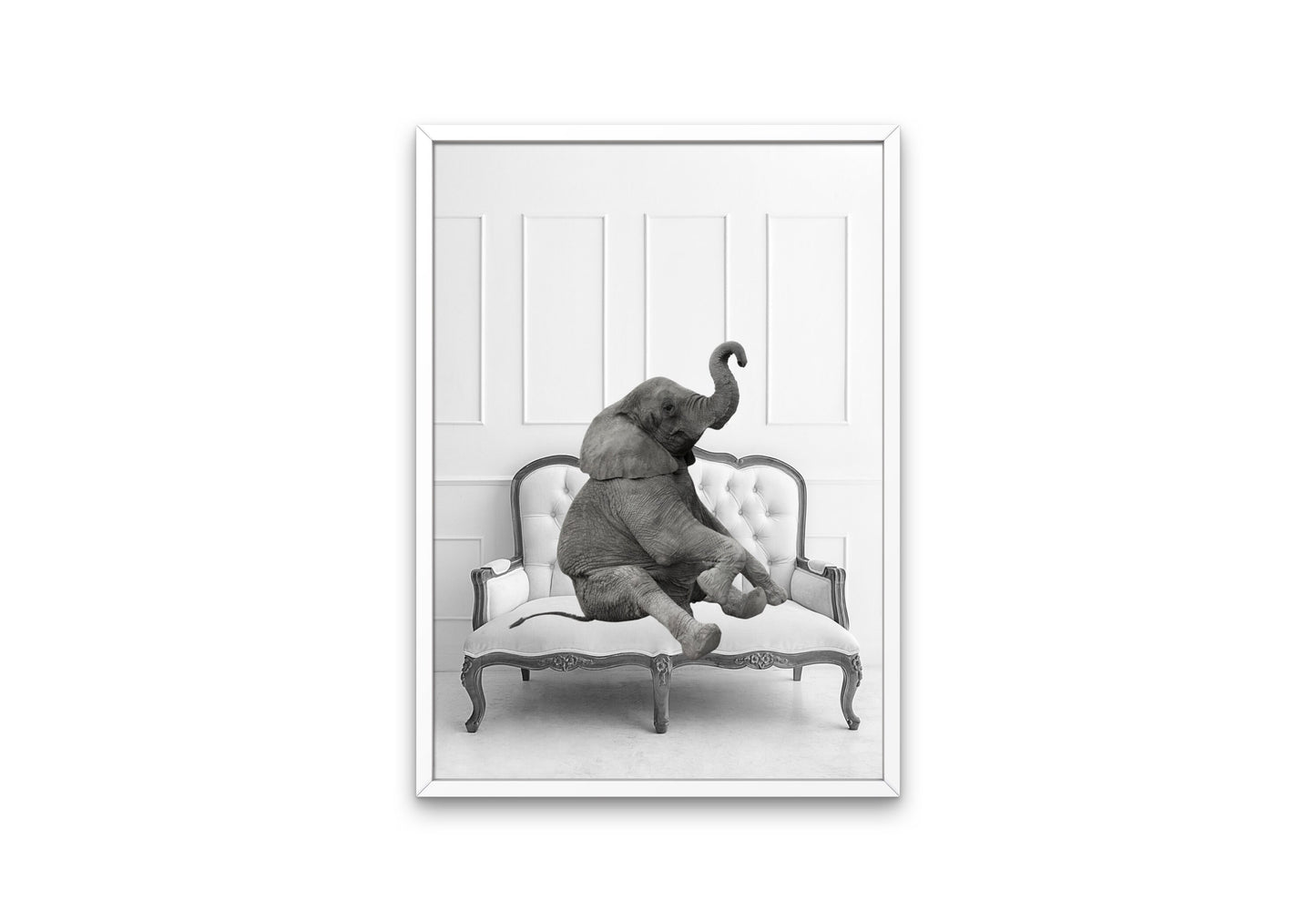 Black and White Elephant on Couch DIGITAL PRINT, black & white decor, safari animal décor, elephant poster, glam wall art, elephant lover