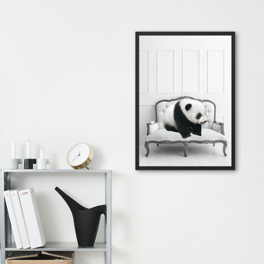 Black and White Panda on Couch DIGITAL PRINT, black & white decor, jungle animal décor, panda poster, glam wall art, cute panda, panda gifts