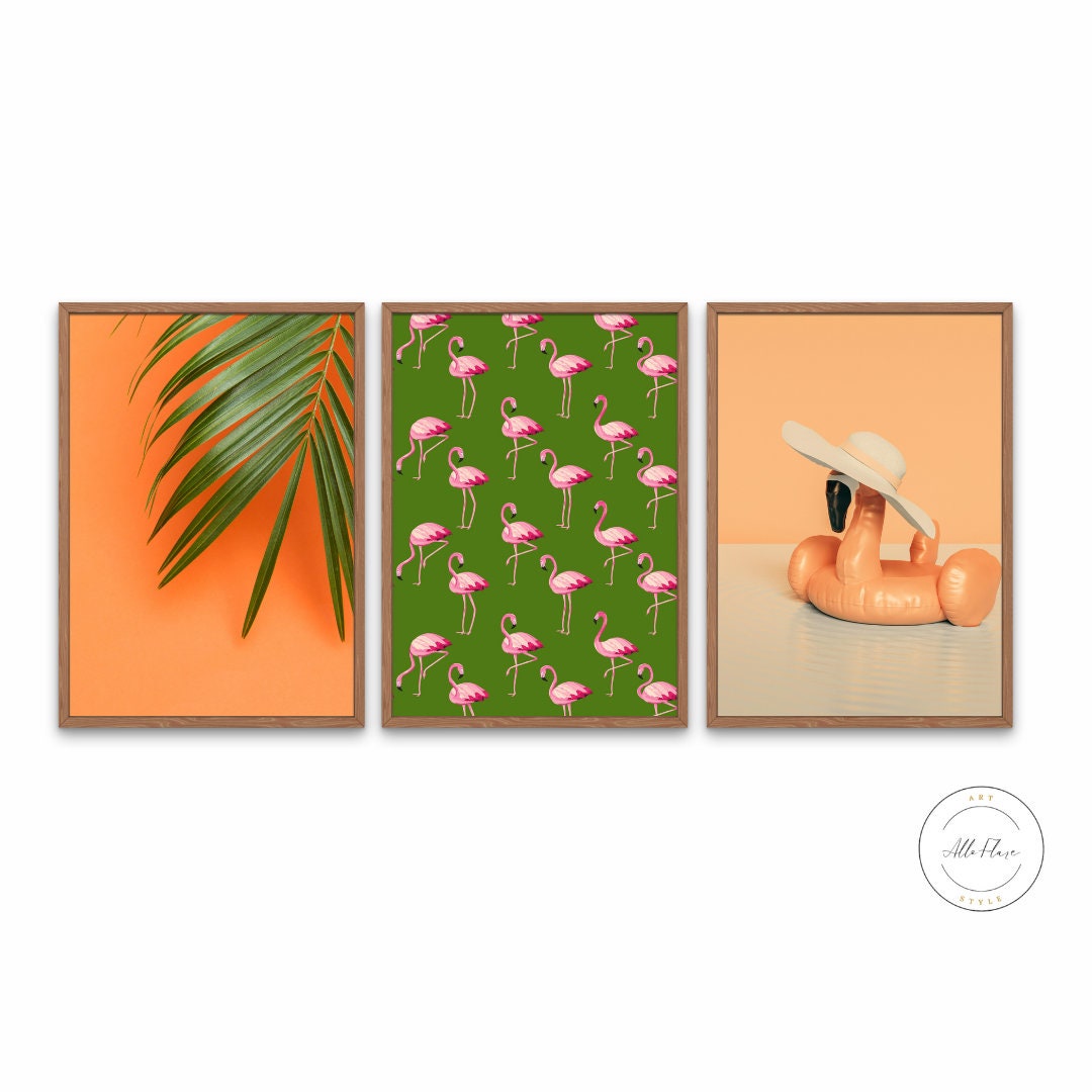 Summer Preppy Poster Set of 3 DIGITAL DOWNLOAD, Bright Colorful Prints, Tropical Warm Patterns, Preppy Colorful Wall Art, Flamingo Palm leaf