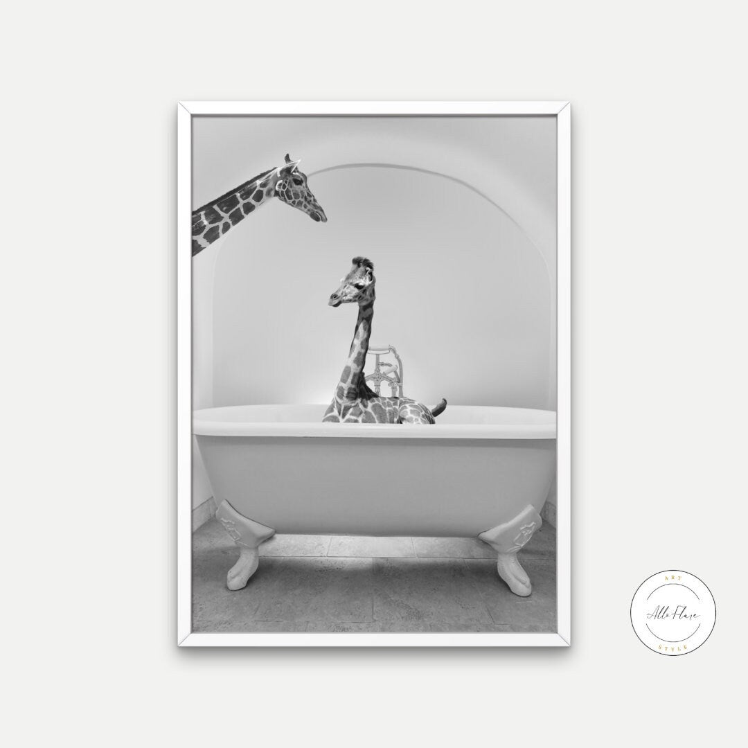 Cute Giraffe in Tub Black and White PRINTABLE ART Wall Art, Giraffe Photo, Bathroom Art Print, black & white glam decor, safari animal decor | Posters, Prints, & Visual Artwork | animal in bath tub, animals in bathtubs, art for bedroom, art ideas for bedroom walls, art printables, art prints black and white, baby animal print, bathroom wall art printables, bedroom art, bedroom pictures, bedroom wall art, bedroom wall art ideas, bedroom wall painting, black and white, black and white art print, black and whi