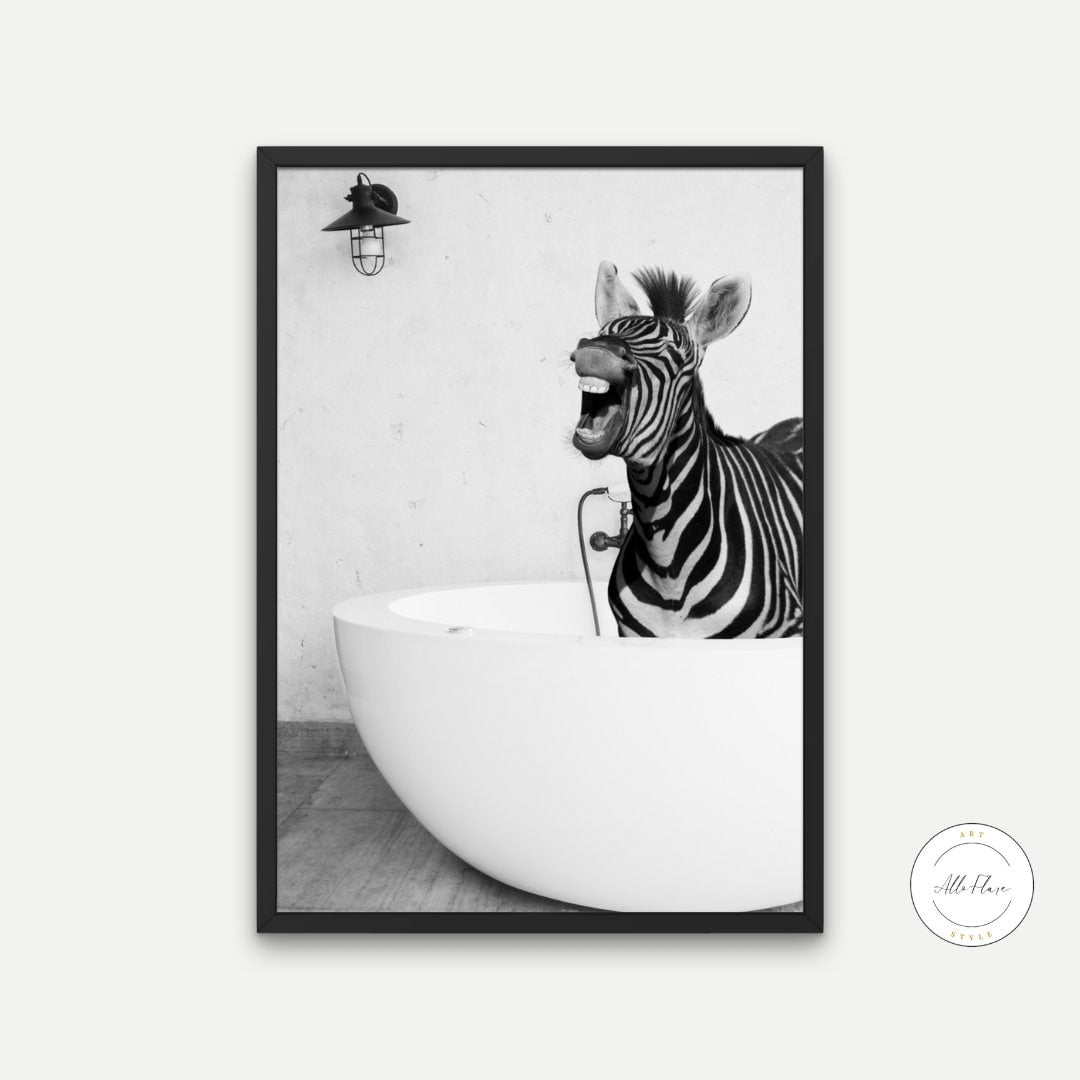 Zebra in Bathtub Black and White DIGITAL PRINT, zebra wall art, Bathroom Art Print, black & white glam decor, safari animal, Funny artwork