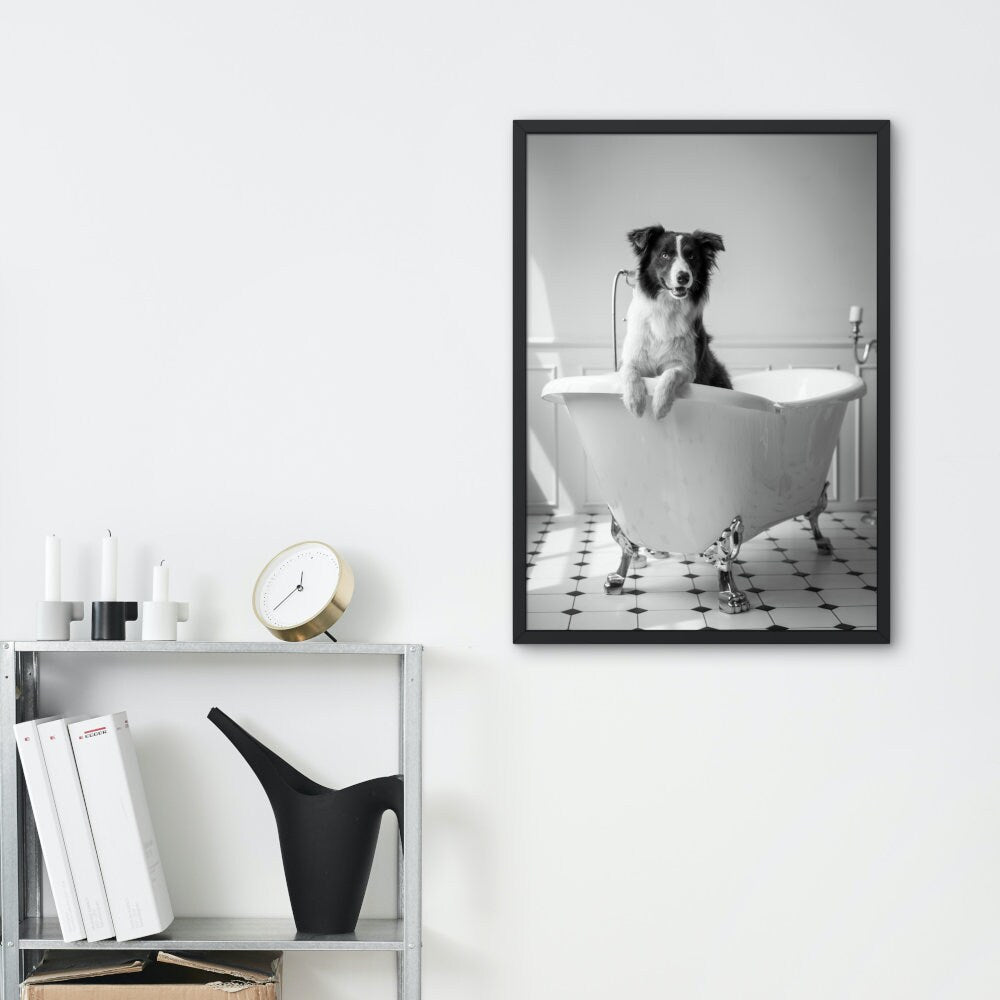 Dog in Bathtub Black and White DIGITAL PRINT, Pets in Bubble Bath, Bathroom Art Print, black & white glam decor, Cat Dog Gift, Funny artwork