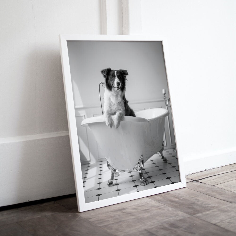 Dog in Bathtub Black and White DIGITAL PRINT, Pets in Bubble Bath, Bathroom Art Print, black & white glam decor, Cat Dog Gift, Funny artwork