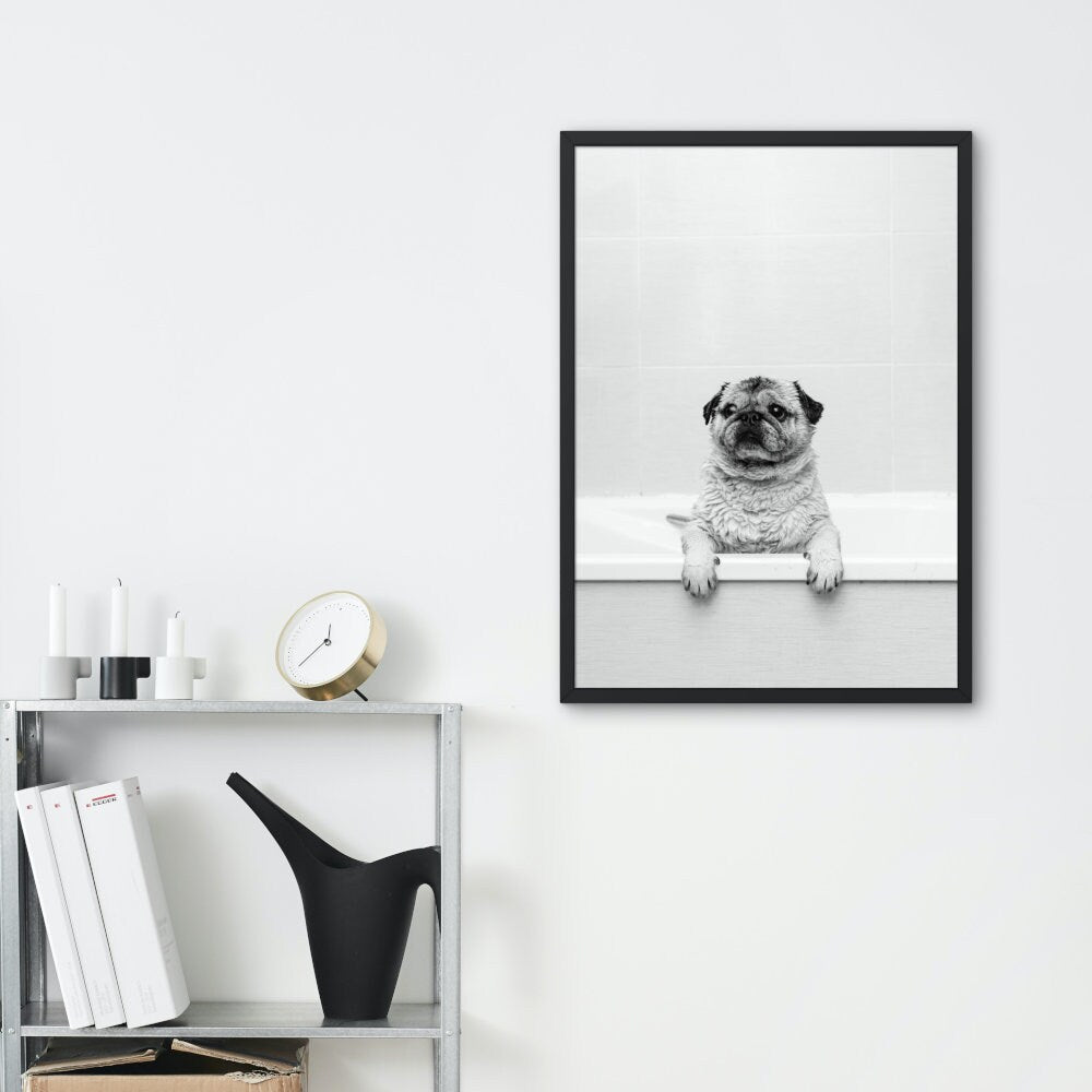 Pug in Bathtub Black and White DIGITAL PRINT, Pets in Bubble Bath, Bathroom Art Print, black & white glam decor, Cat Dog Gift, pug wall art