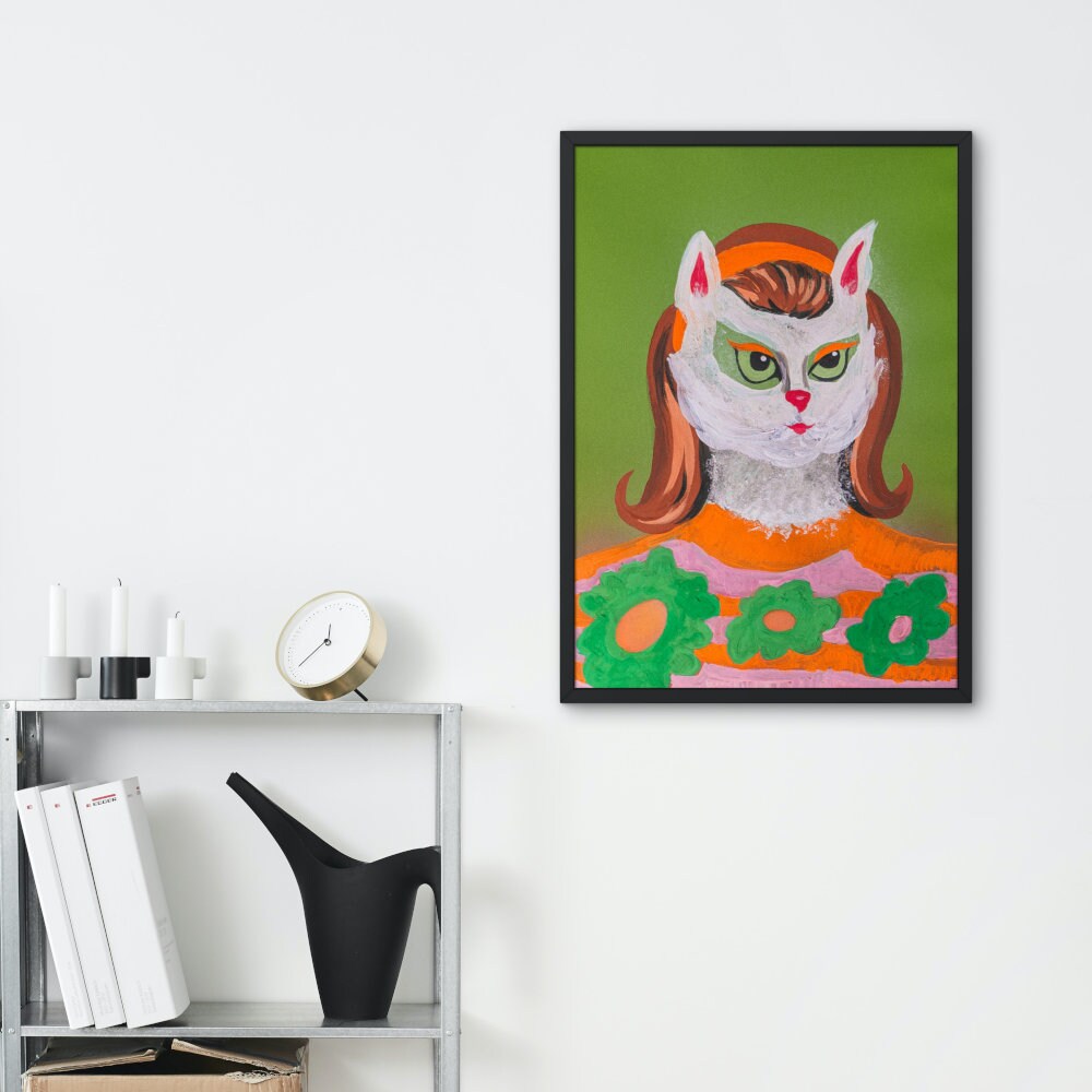 Hippie Cat Wall Print INSTANT DOWNLOAD, Flower power décor, hippie poster, 70s Wall Art, Colorful Art, cat oil painting, funny cat art