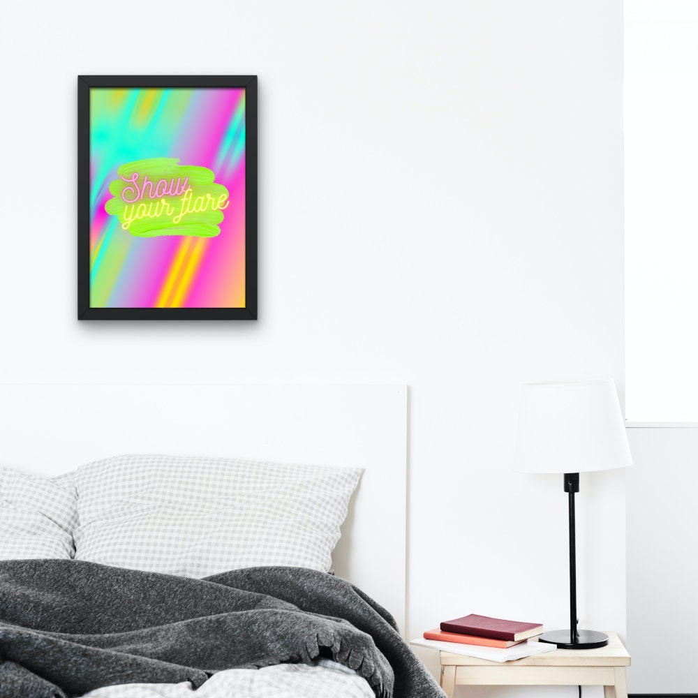 Show Your Flare Neon Set of 4 DIGITAL PRINTS, Tropical Posters, Designer wall, Neon wall art, purple hot pink fashion street art, Hypebeast