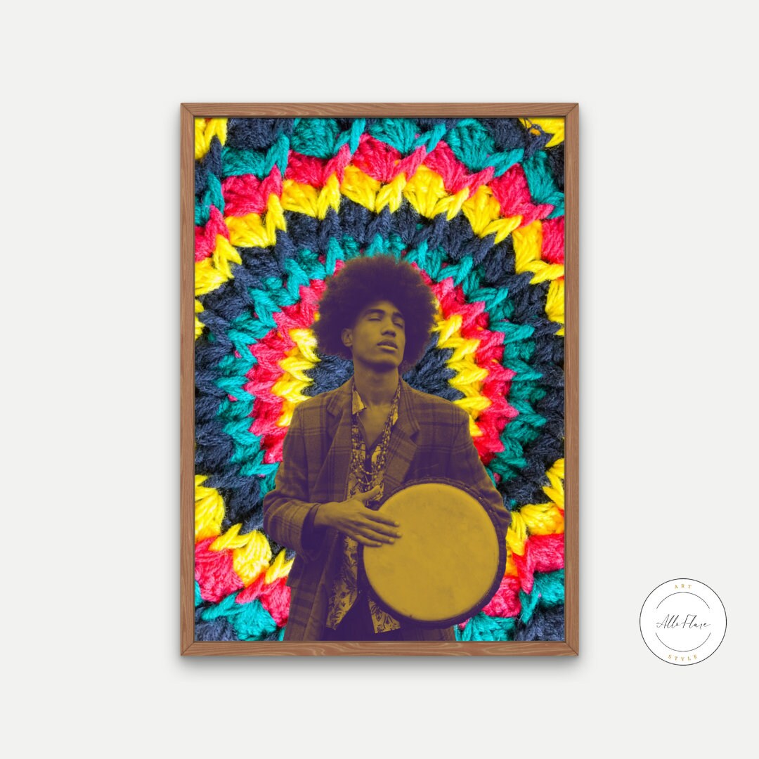 Hippie Guy Wall Print INSTANT DOWNLOAD, Flower power décor, hippie poster, 70s Wall Art, Colorful Art, trippy painting, Bob Marley inspired