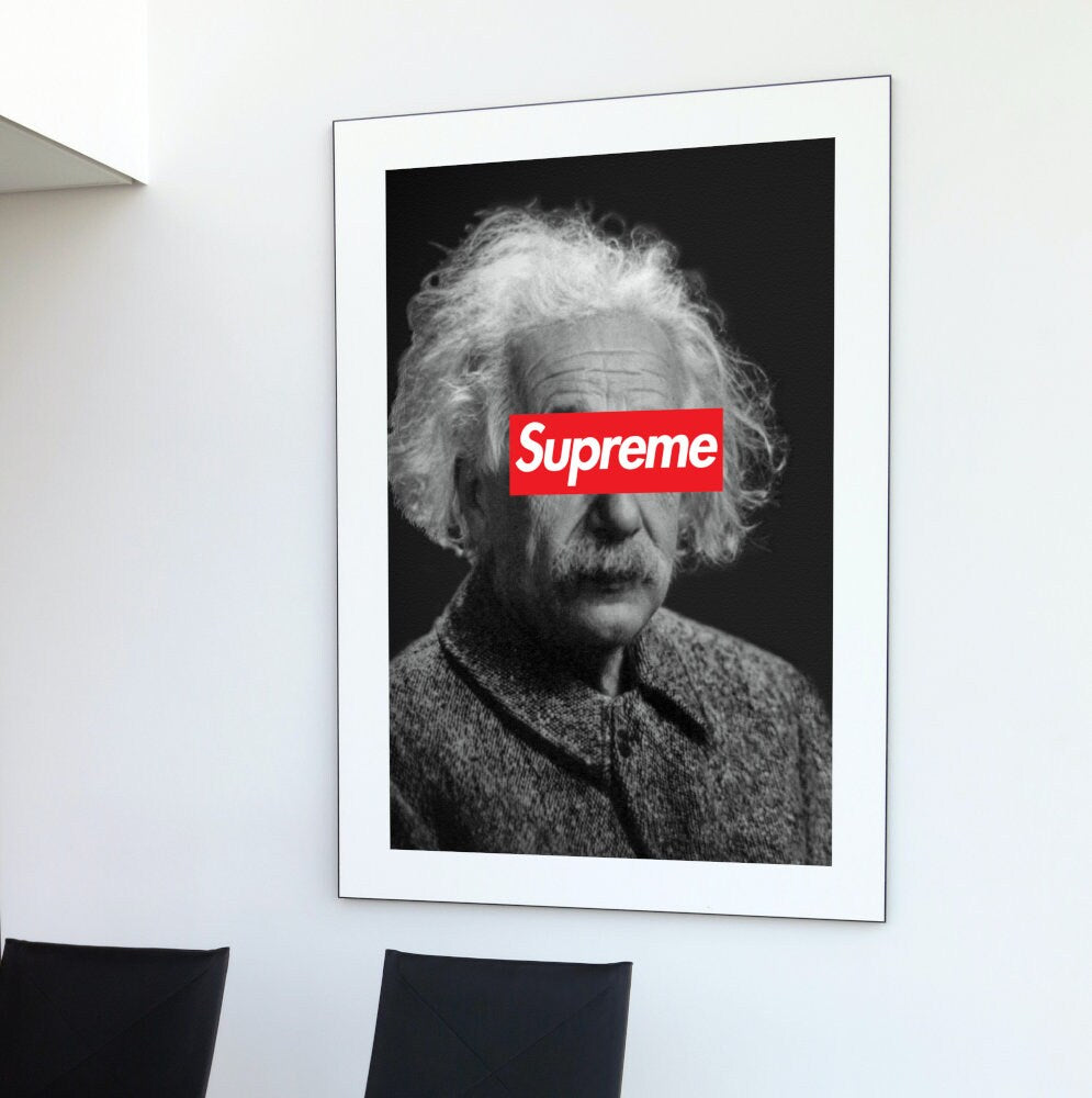 Black and White Supreme x Einstein Poster DIGITAL PRINT, hypebeast decor, Streetwear Art, Modern Wall Art, pop culture wall art, altered art