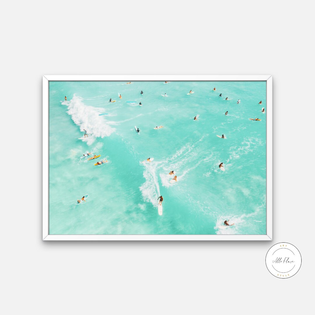 Aerial surfers DIGITAL PRINT, aerial photograph print, surf wall decor, surfboard print, surfing photo, horizontal art, over bed wall art