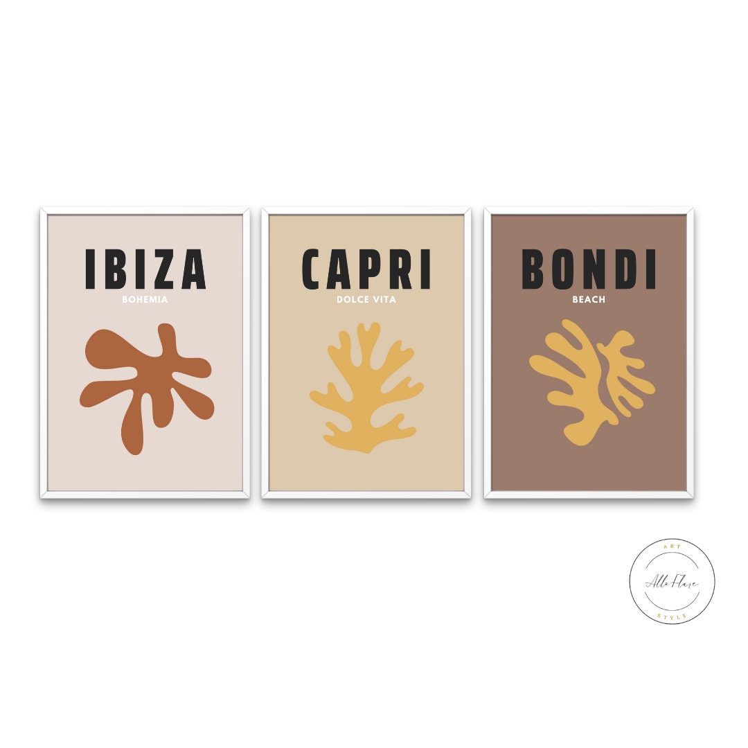 Set of three boho travel posters DIGITAL, terracotta prints, Trendy dorm room prints, Capri Ibiza Bondi, neutral printable travel posters