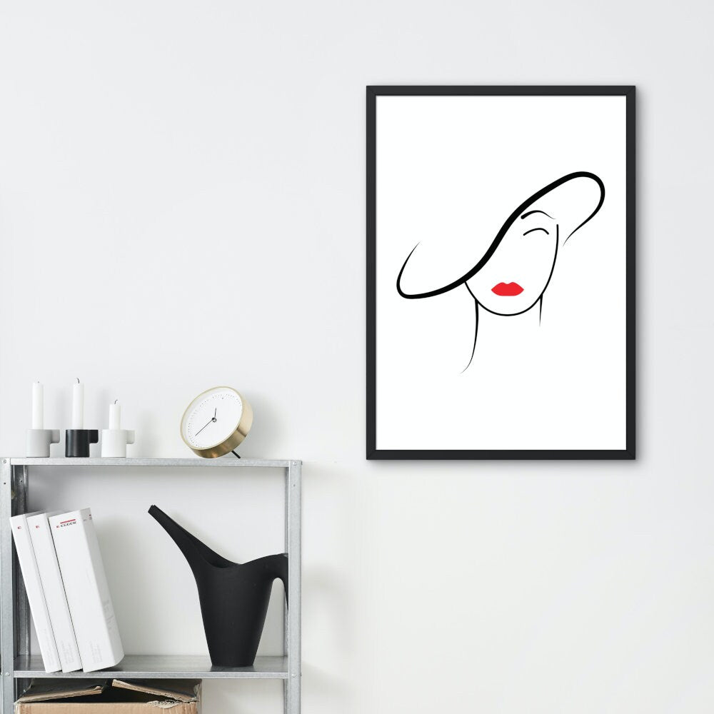 Glam Line Art INSTANT DOWNLOAD, feminine line art, Fashion Posters, Glam Décor, face line art, red lipstick, makeup vanity décor, glam art