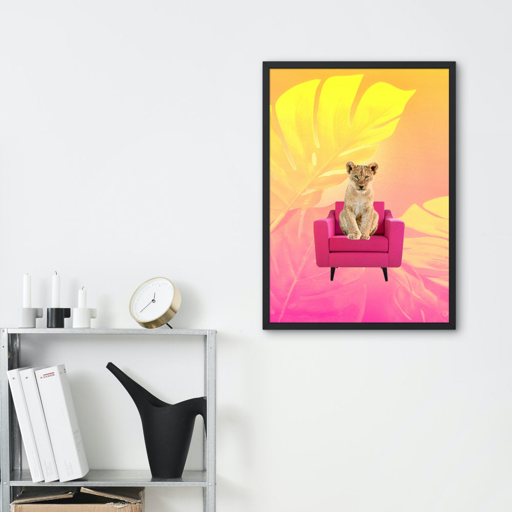 Lion Cub on Couch Summer Preppy Posters PRINTABLE, Bright Colorful Prints, Tropical Warm Patterns, Preppy Colorful Wall Art, banana leaf